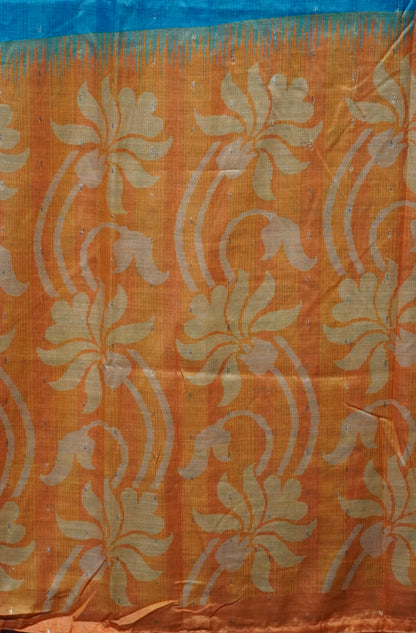 Semi Linen Saree Sea Blue With Orange With Small Zari Border