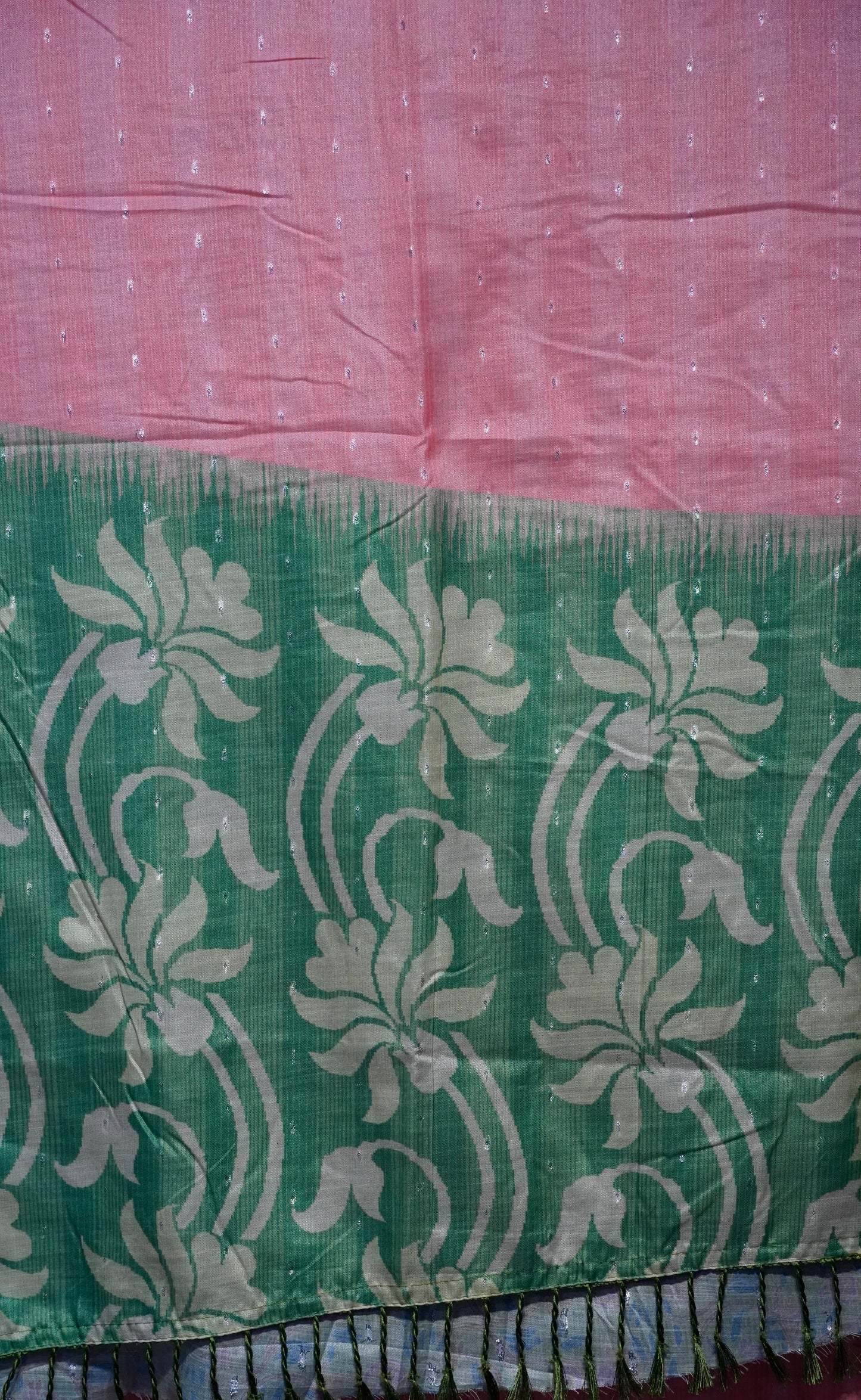 Semi Linen Saree Peach With Green With Small Zari Border