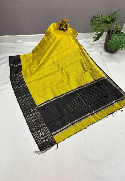 Raw Silk Saree-Yellow in 1000 Butta with Contrast Zari Border