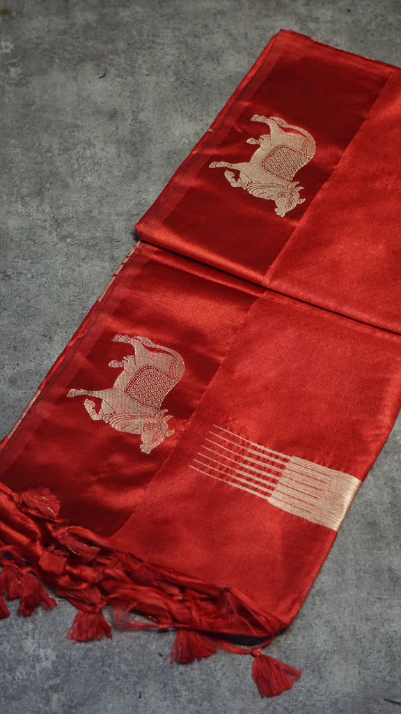 Chappa Semi Tussar Saree Red
