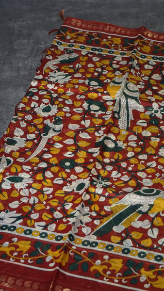 Semi Linen Kalamkari Saree Maroon