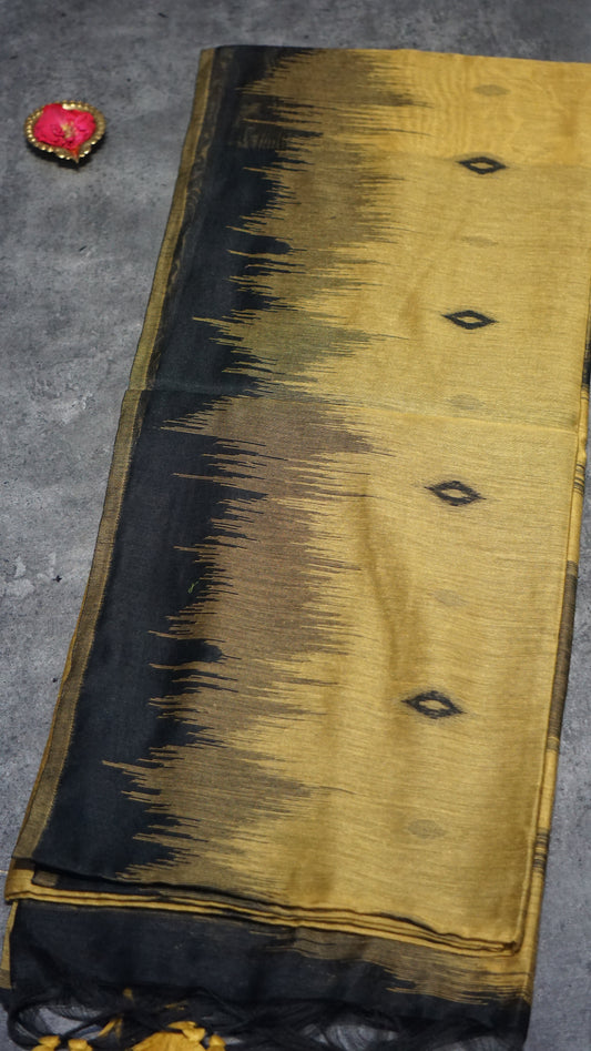 Munga Cotton Saree Ikkat Print Mustard Yellow