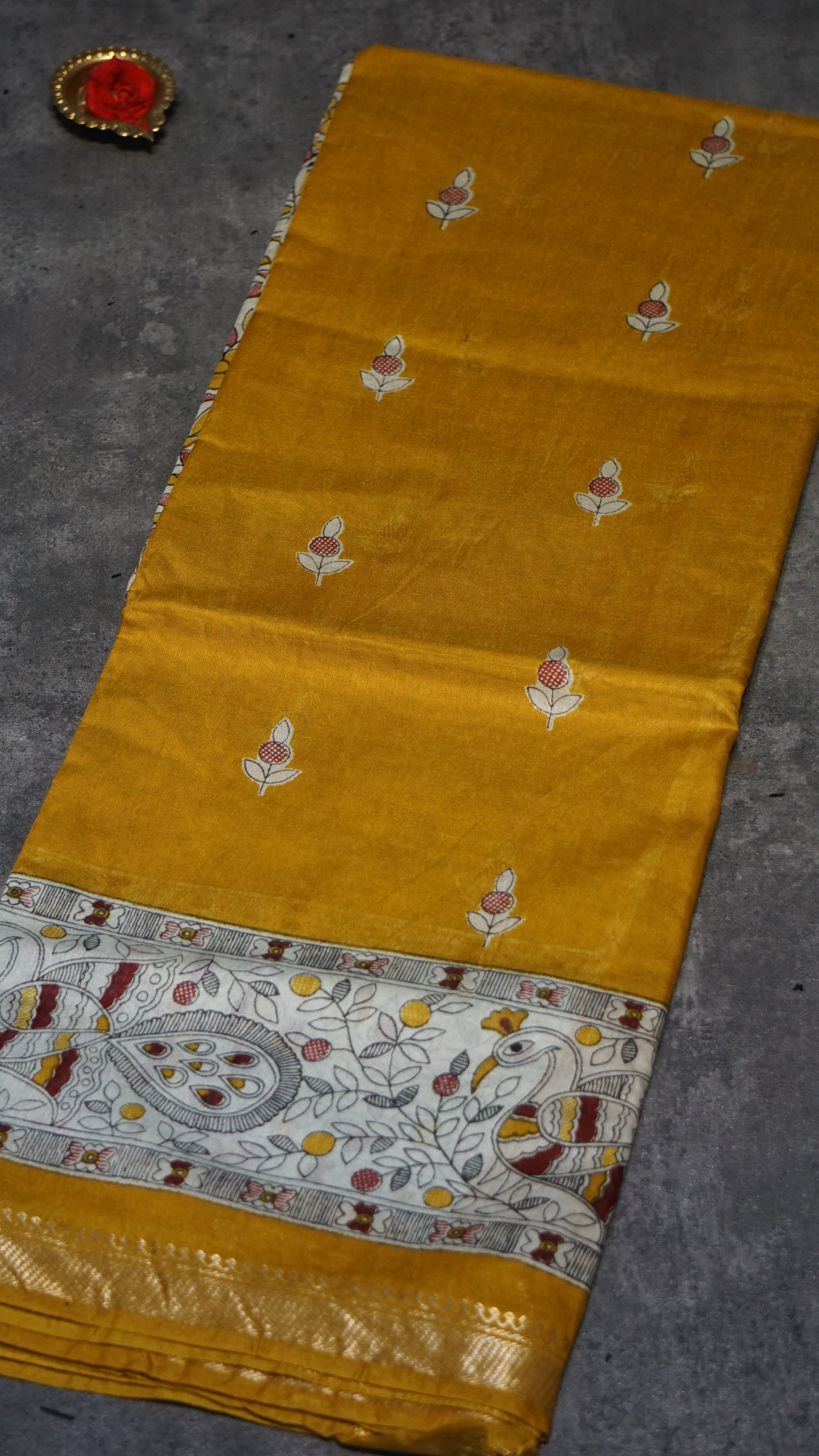 Semi Linen Mustard Yellow Saree With Madhubani Print