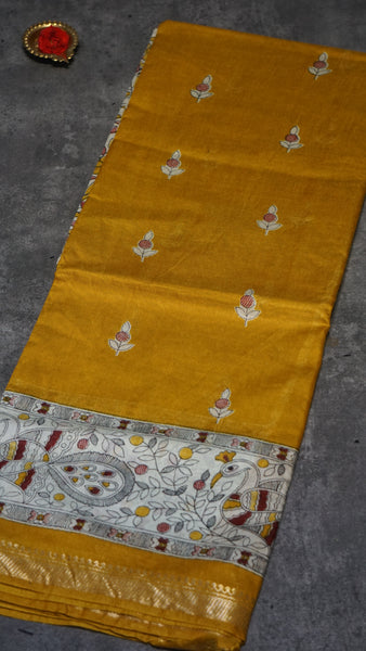 Semi Linen Mustard Yellow Saree With Madhubani Print