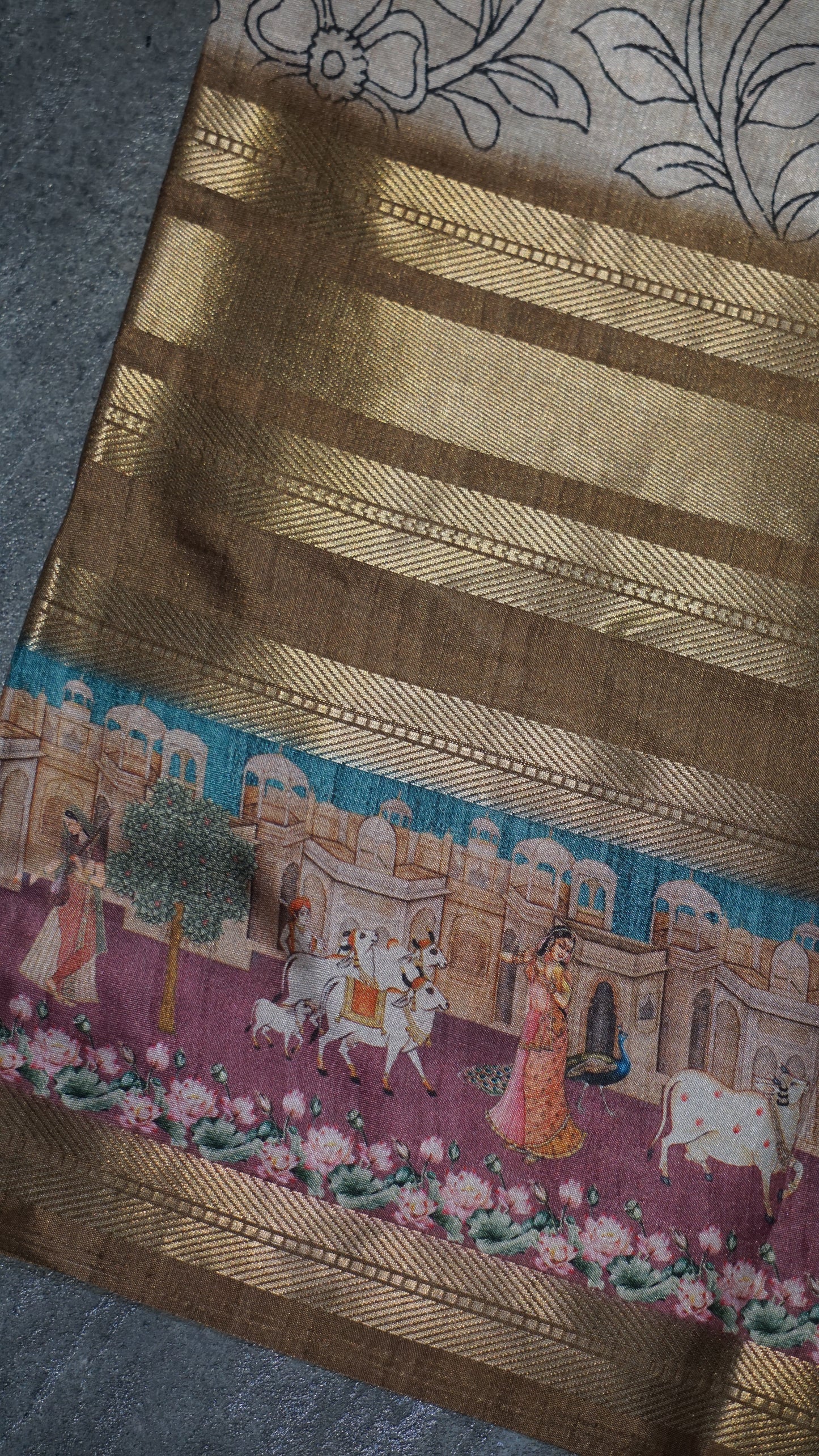 Dola Silk Pichwai Print Beige - Grapewine