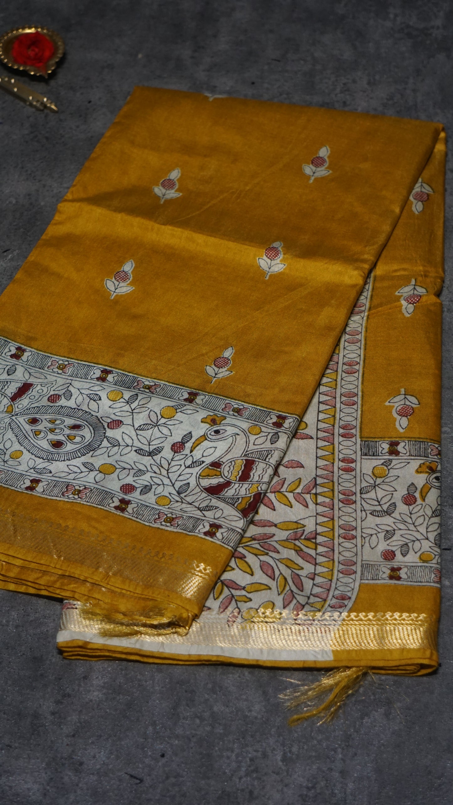Semi Linen Mustard Yellow Saree With Madhubani Print