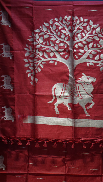 Chappa Semi Tussar Saree Red