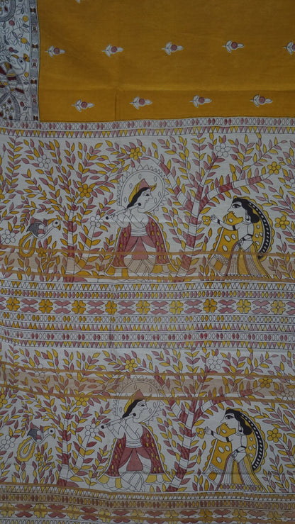 Semi Linen Mustard Yellow Saree With Madhubani Print