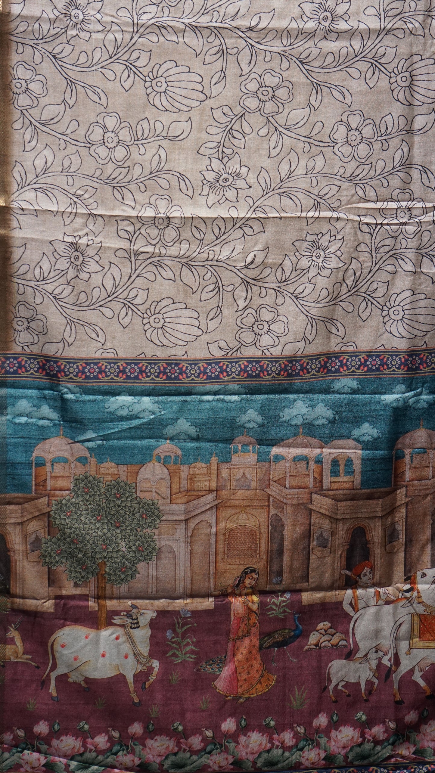 Dola Silk Pichwai Print Beige - Grapewine