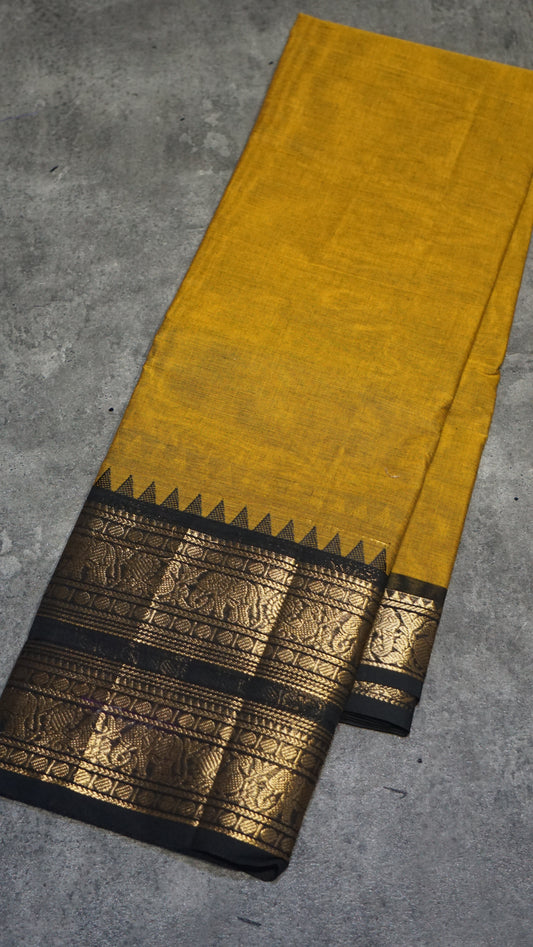 Kanchi Cotton Saree Mustard Black
