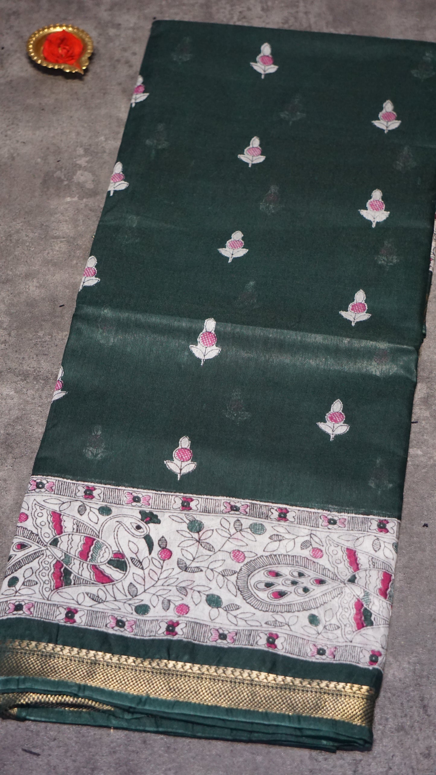 Semi Linen Bottle Green Saree With Madhubani Print