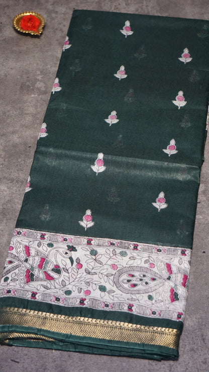 Semi Linen Bottle Green Saree With Madhubani Print