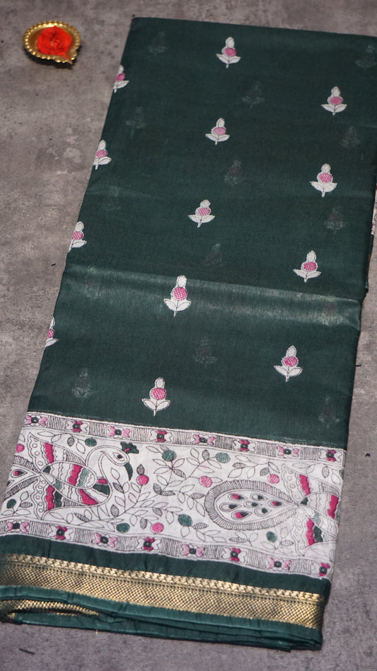Semi Linen Bottle Green Saree With Madhubani Print