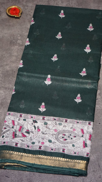 Semi Linen Bottle Green Saree With Madhubani Print