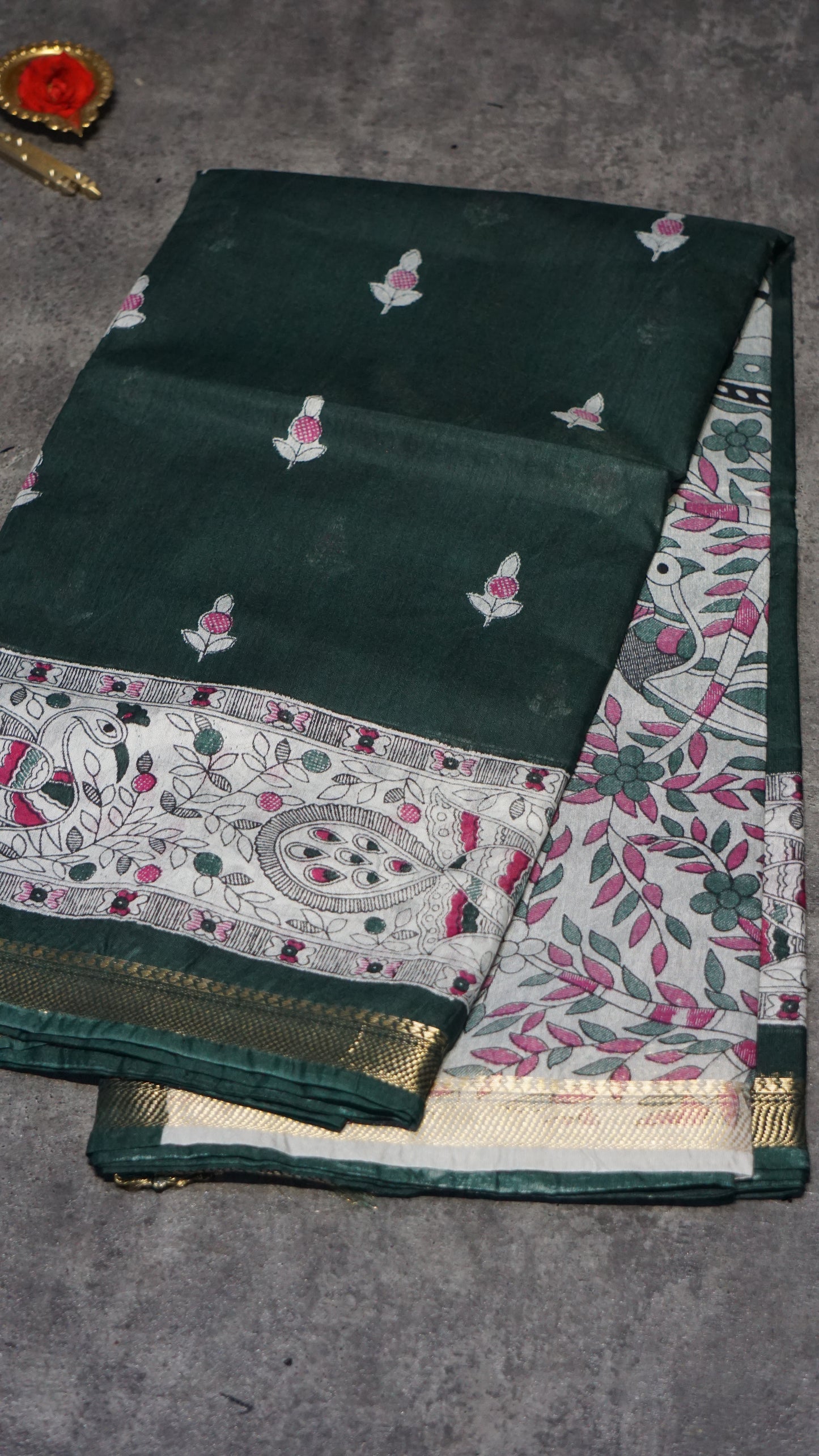 Semi Linen Bottle Green Saree With Madhubani Print