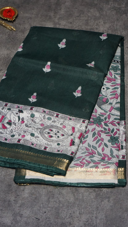 Semi Linen Bottle Green Saree With Madhubani Print