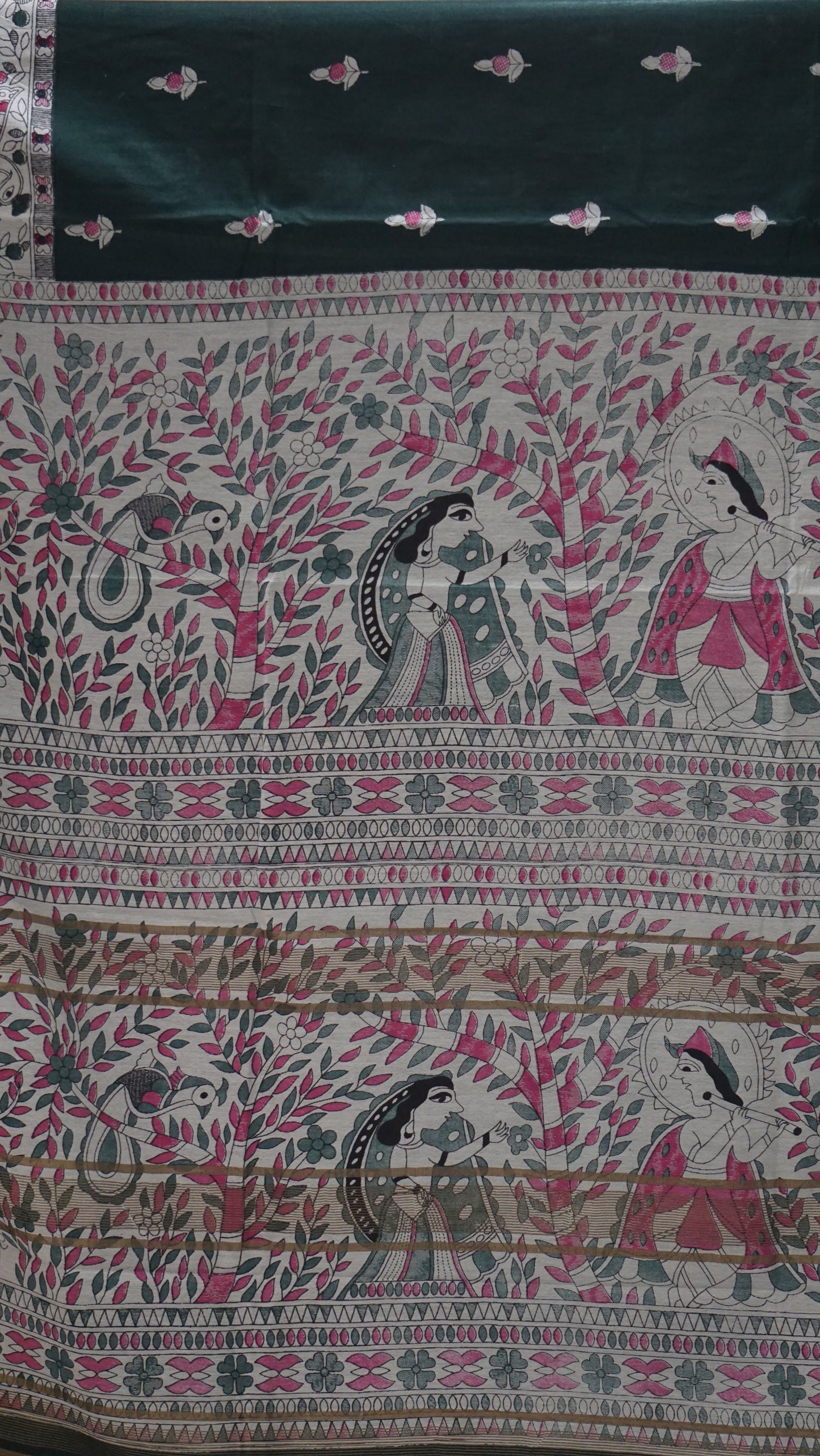 Semi Linen Bottle Green Saree With Madhubani Print