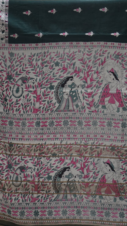 Semi Linen Bottle Green Saree With Madhubani Print