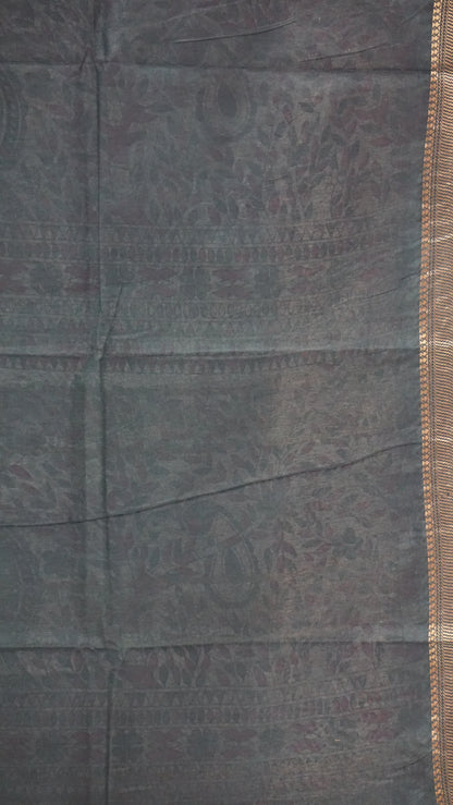 Semi Linen Bottle Green Saree With Madhubani Print