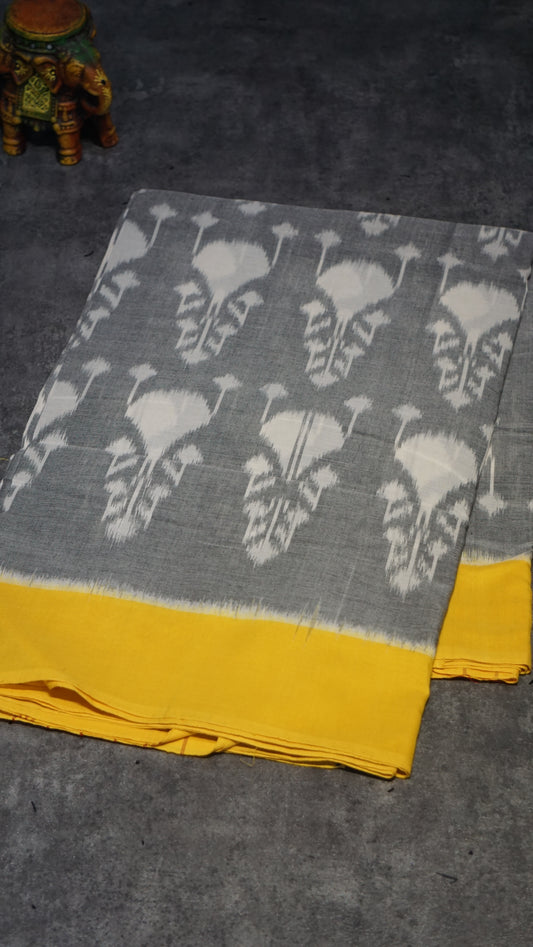Pochampally Cotton double Ikkat Saree Grey - Yellow