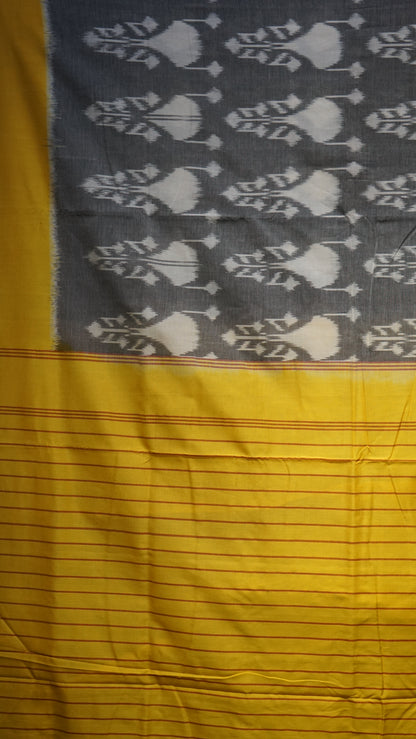Pochampally Cotton double Ikkat Saree Grey - Yellow