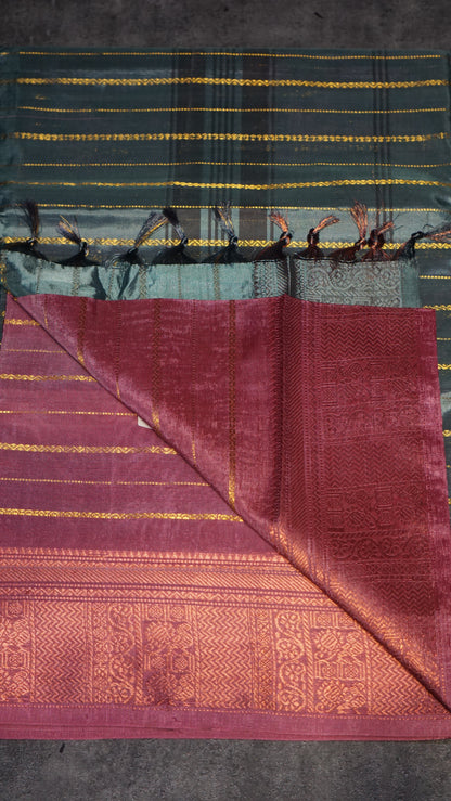 Vazhai Naaru Pattu Saree Velthari Metallic Green - Pink