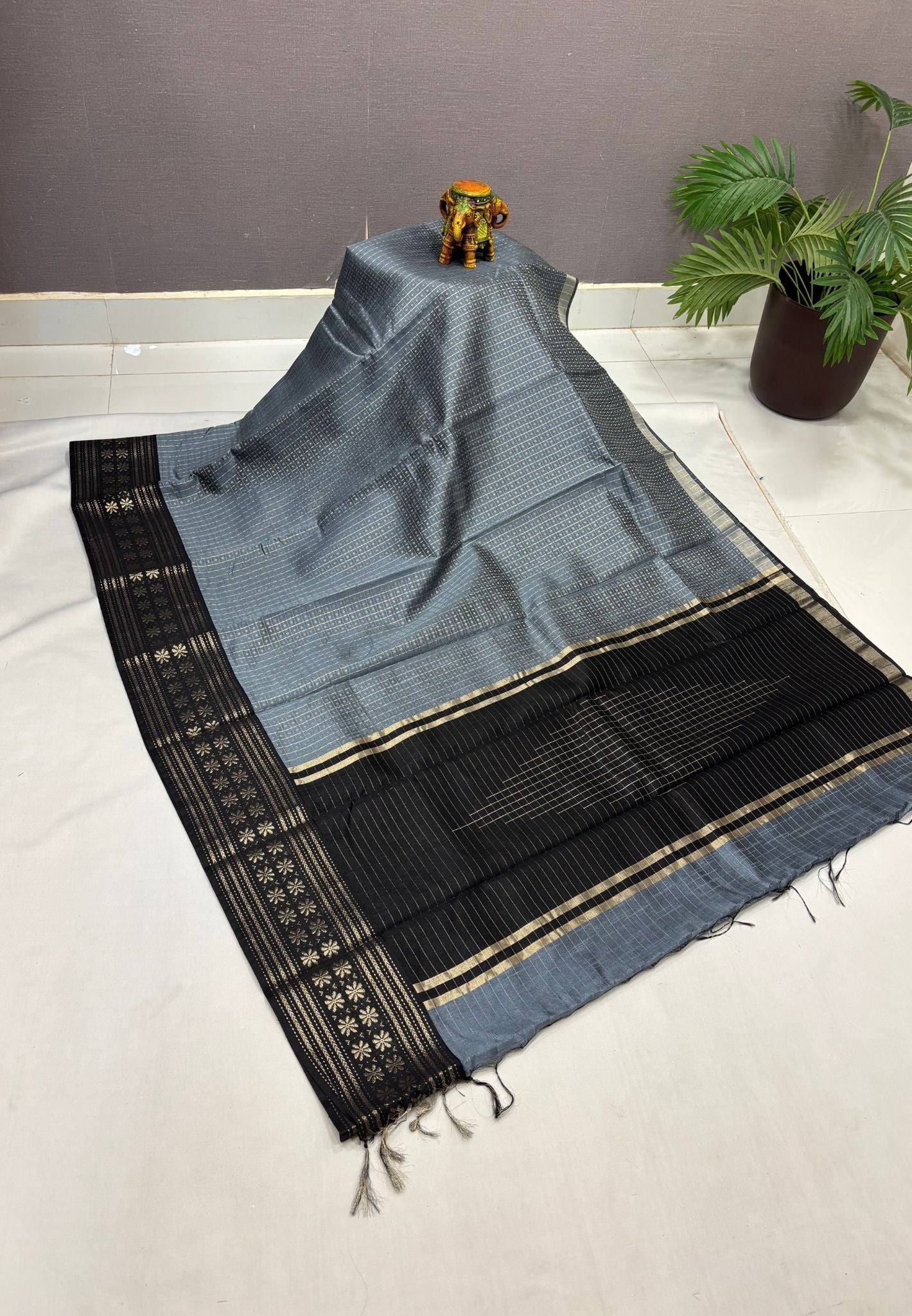 Raw Silk Saree-Greyish Blue in 1000 Butta with Contrast Zari Border