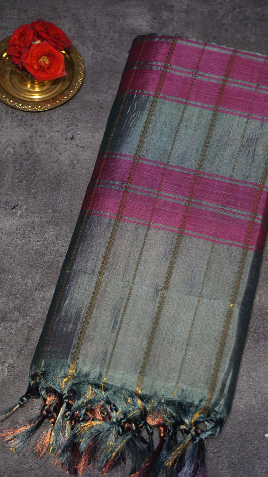 Vazhai Naaru Pattu Saree Velthari Metallic Green - Pink