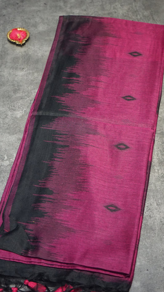 Munga Cotton Saree Ikkat Print Dark Pink