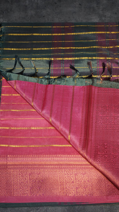 Vazhai Naaru Pattu Saree Velthari Metallic Green - Pink