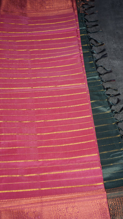 Vazhai Naaru Pattu Saree Velthari Metallic Green - Pink
