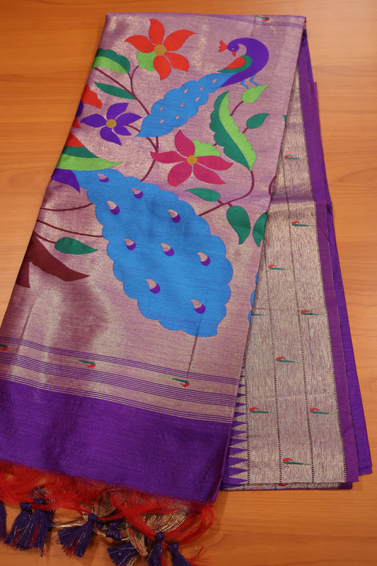 Semi Raw Silk Saree - Voilet Paithani Big Peacock Pallu