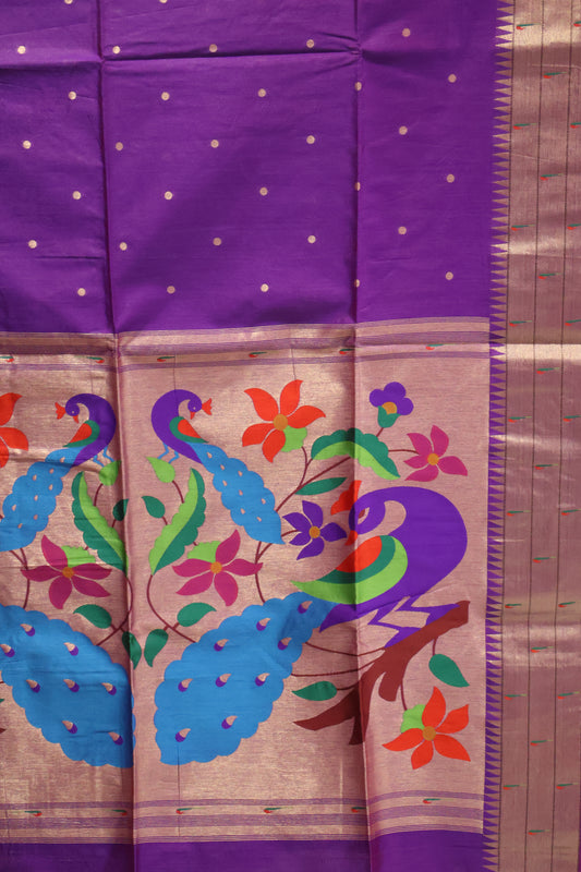 Semi Raw Silk Saree - Voilet Paithani Big Peacock Pallu