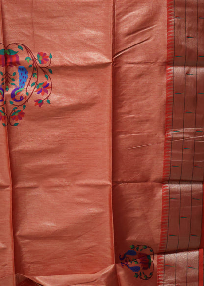Semi Raw Silk Saree - Red Paithani Big Peacock Pallu