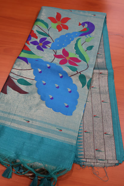 Semi Raw Silk Saree - Green Paithani Big Peacock Pallu