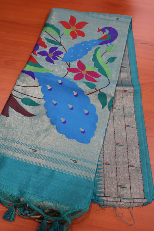 Semi Raw Silk Saree - Green Paithani Big Peacock Pallu