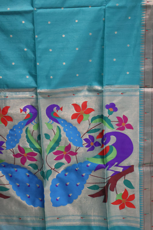 Semi Raw Silk Saree - Green Paithani Big Peacock Pallu