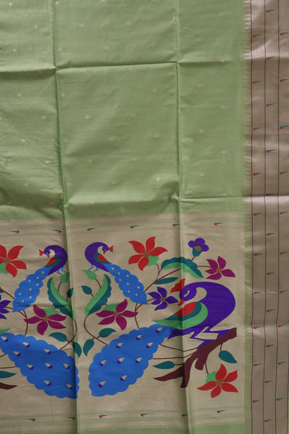 Semi Raw Silk Saree - Pista Green Paithani Big Peacock Pallu