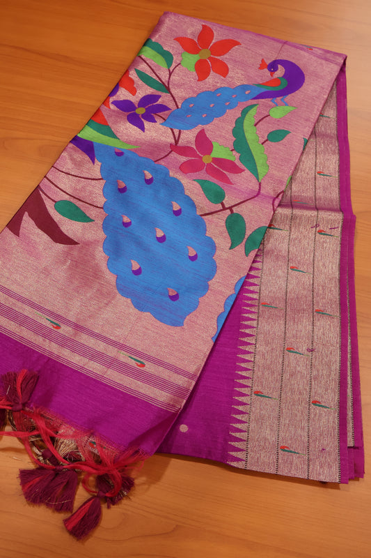Semi Raw Silk Saree - Purple Paithani Big Peacock Pallu