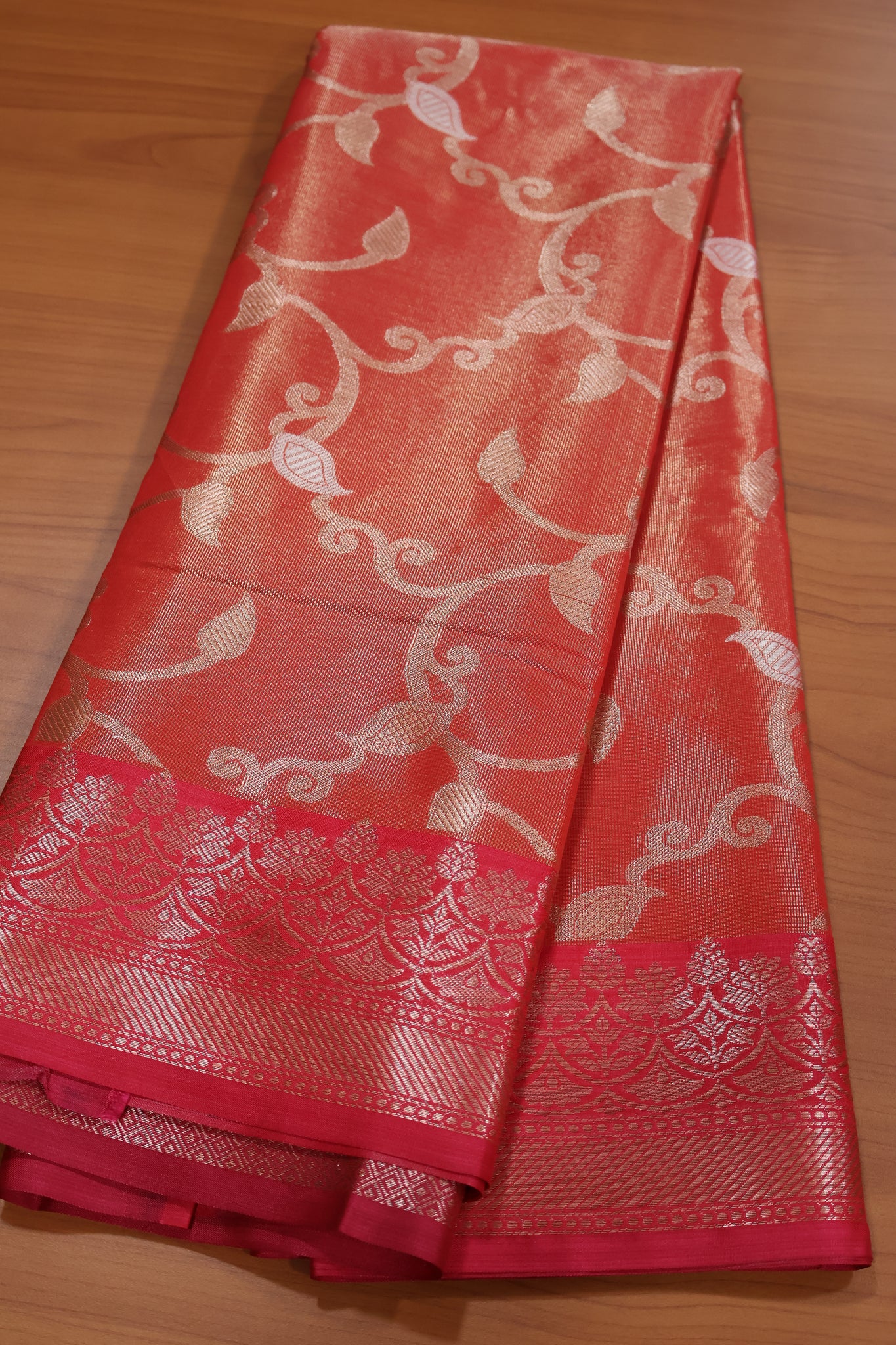 Semi Banarasi Tissue Silk Saree-Orange Vineyard