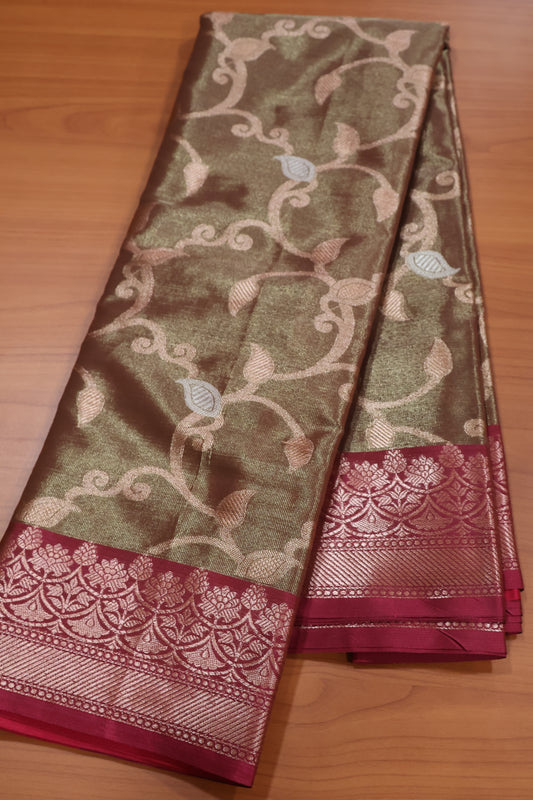 Semi Banarasi Tissue Silk Saree- Golden Brown Vineyard