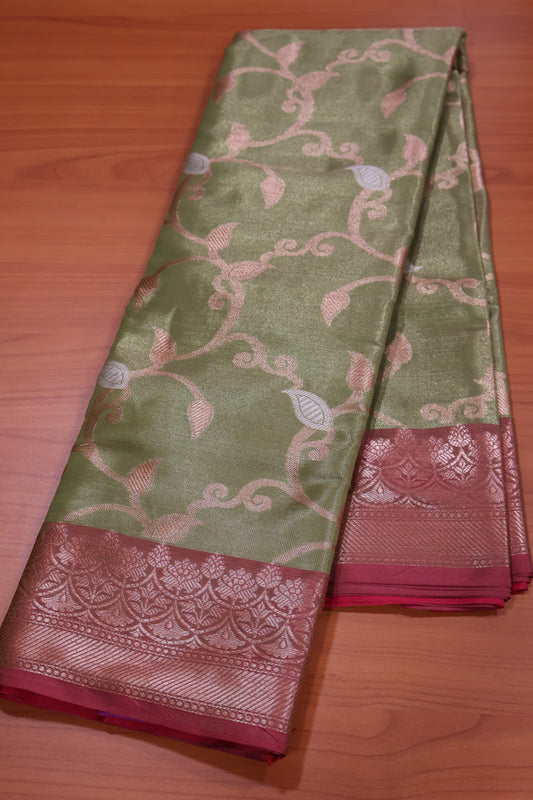 Semi Banarasi Tissue Silk Saree- Light Green Vineyard