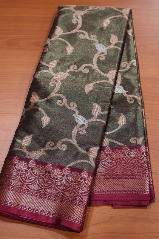 Semi Banarasi Tissue Silk Saree- Sage Green Vineyard