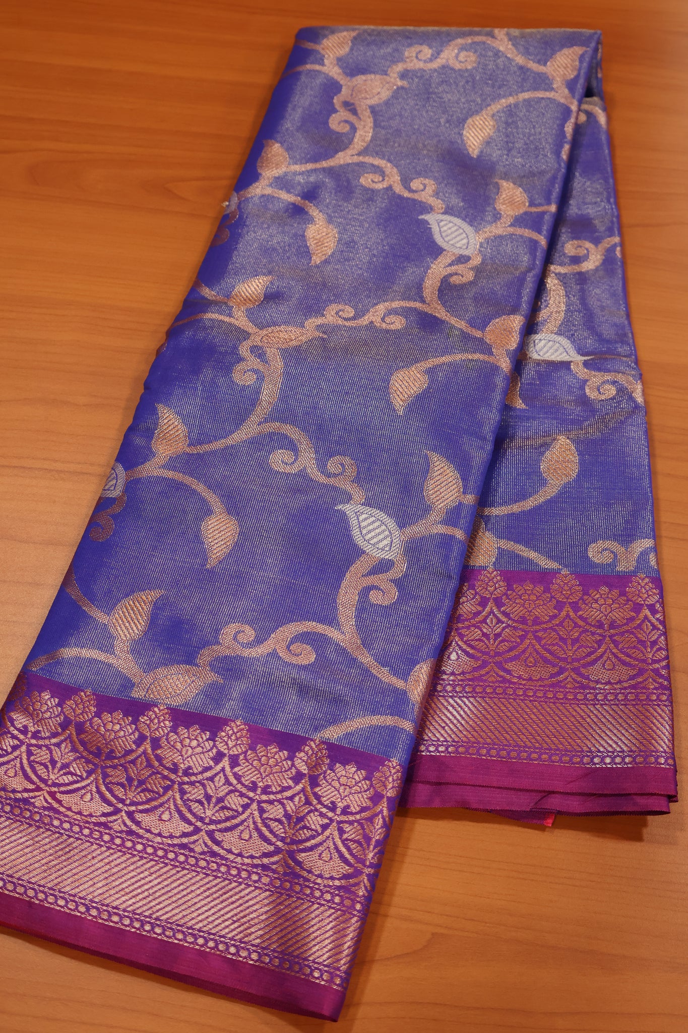 Semi Banarasi Tissue Silk Saree- Ink Blue Vineyard