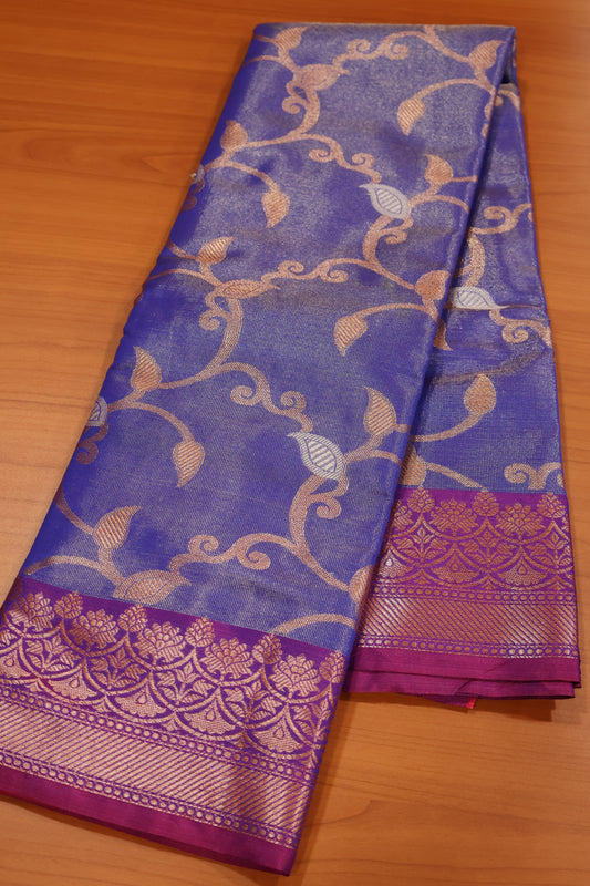 Semi Banarasi Tissue Silk Saree- Ink Blue Vineyard