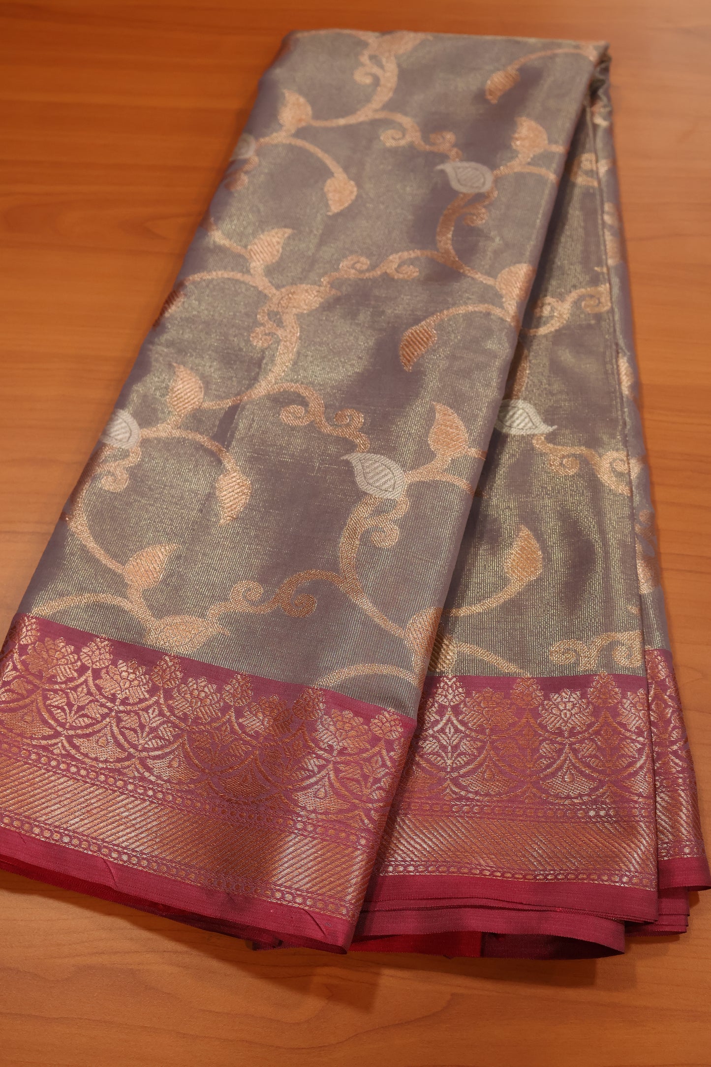 Semi Banarasi Tissue Silk Saree- Grey Vineyard