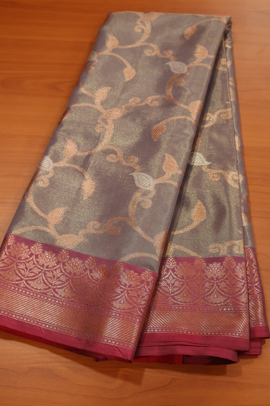 Semi Banarasi Tissue Silk Saree- Grey Vineyard