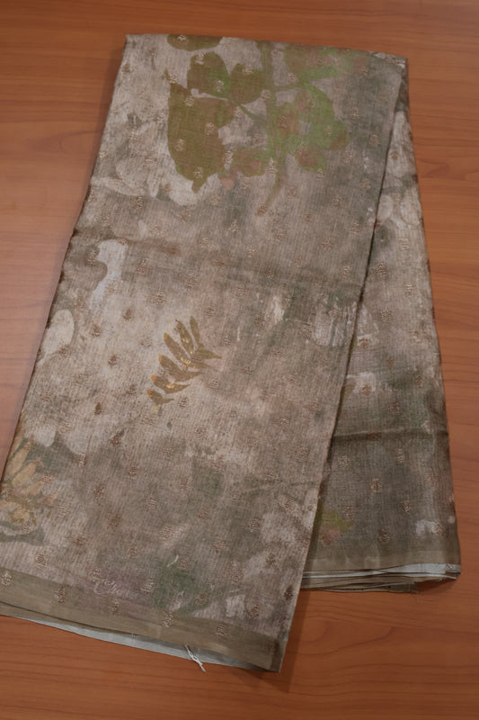 Pure Tussar Saree - Beige Leaf Pattern