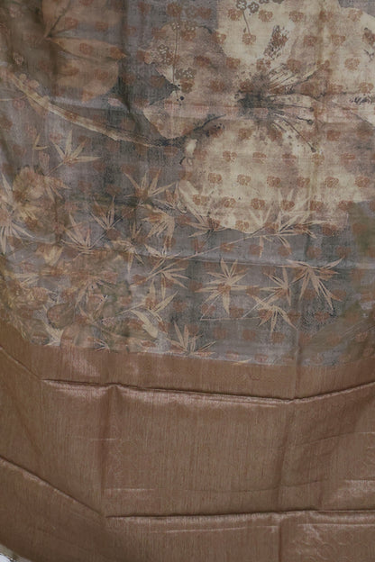Pure Tussar Saree - Beige Leaf Pattern
