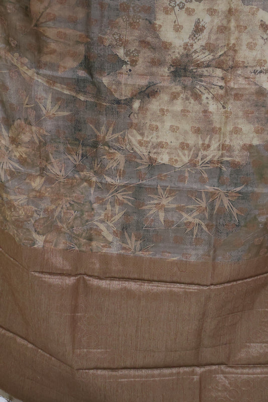 Pure Tussar Saree - Beige Leaf Pattern